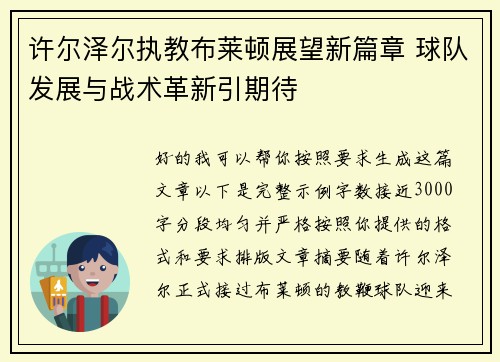 许尔泽尔执教布莱顿展望新篇章 球队发展与战术革新引期待