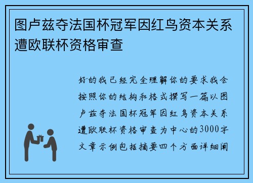 图卢兹夺法国杯冠军因红鸟资本关系遭欧联杯资格审查