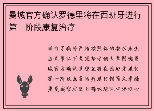 曼城官方确认罗德里将在西班牙进行第一阶段康复治疗